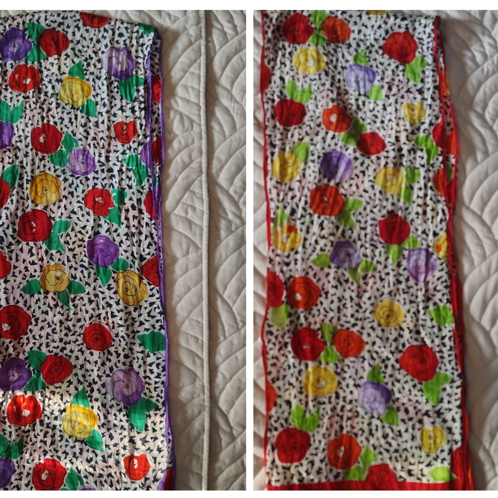 Two Silk Vintage Floral Print Lightweight Scarfs 11x50- Multicolor Made In Japan